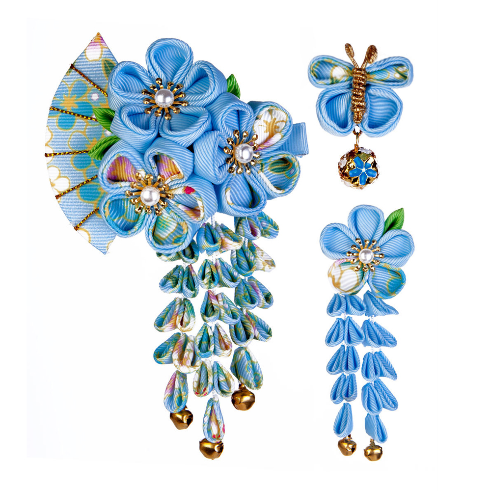 3-Piece Hair Ornament Set, Blue, for Yukata, Kimono, Coming-of-Age Ceremonies, Shichi-Go-San, Hakama, Graduations, Weddings, Furisode, Fireworks Festivals, Summer Festivals, Graduations, and More.