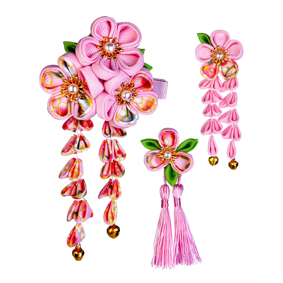 Pink 3-Piece Hair Ornament Set, Perfect for Yukata, Kimono, Coming-of-Age Ceremonies, Shichi-Go-San Ceremonies, Hakama, Graduations, Weddings, Furisode, Fireworks Festivals, Summer Festivals, and Graduations.　